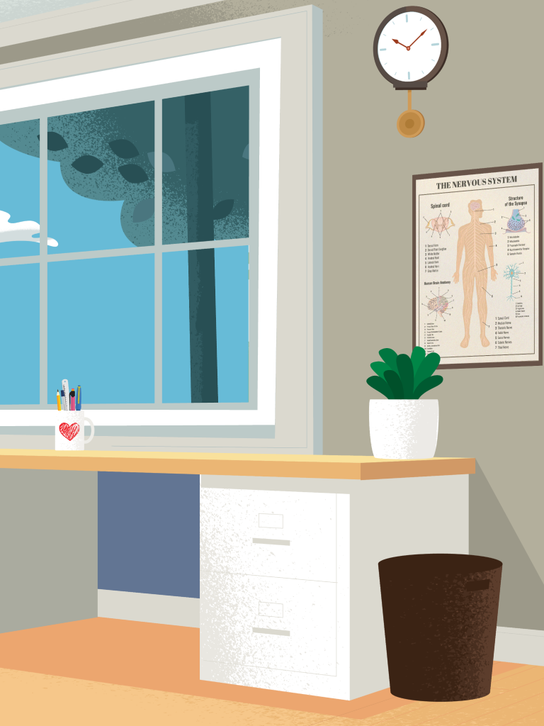 Illustration of a cozy interior space with a window showing a cloudy sky. There is a desk with a potted plant, stationery holders, and a decorative heart mug. A poster of the nervous system hangs on the wall above, and a clock indicates the time. Beside the desk is a trash bin, and a filing cabinet with a textured front is positioned under the desk.